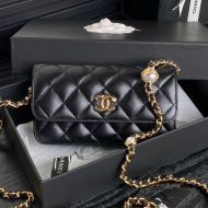 Chanel AP4284 Flap Phone Holder with Pearl Letters Chain in Shiny Lambskin Black