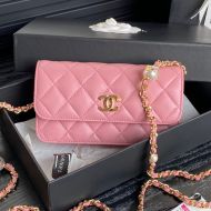 Chanel AP4284 Flap Phone Holder with Pearl Letters Chain in Shiny Lambskin Pink