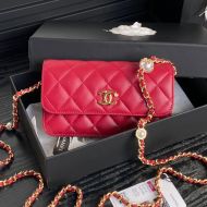 Chanel AP4284 Flap Phone Holder with Pearl Letters Chain in Shiny Lambskin Red