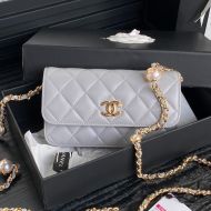 Chanel AP4284 Flap Phone Holder with Pearl Letters Chain in Shiny Lambskin White