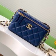 Chanel AP4285 Large Cosmetic Bag with Pearls Letters Chain Strap in Lambskin Blue