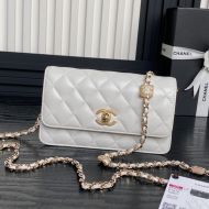 Chanel AP4300 Clutch with Embossed Strass Chain in Lambskin White