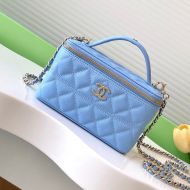 Chanel AP4404 Cosmetic Bag with Logo Handle in Grained Calfskin Blue