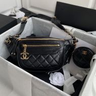 Chanel AS1077 Waist Bag with Zipper Pocket in Calfskin Black