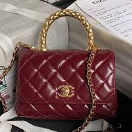 Chanel AS2215 Mini Coco Handbag with Metal Handle in Shiny Calfskin Burgundy