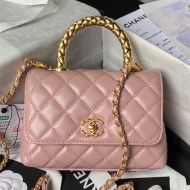 Chanel AS2215 Mini Coco Handbag with Metal Handle in Shiny Calfskin Pink