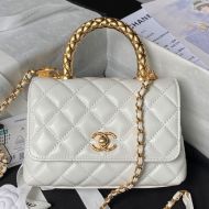Chanel AS2215 Mini Coco Handbag with Metal Handle in Shiny Calfskin White