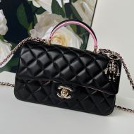 Chanel AS2431 Mini Flap Handbag with Lion Charm in Shiny Lambskin Black/Pink