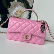 Chanel AS2431 Mini Flap Handbag with Lion Charm in Shiny Lambskin Pink