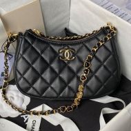 Chanel AS3786 Hobo Handbag with Enamel Heart Chain in Lambskin Black