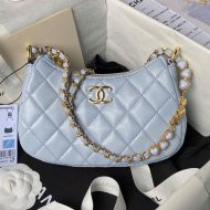 Chanel AS3786 Hobo Handbag with Enamel Heart Chain in Lambskin Light Blue