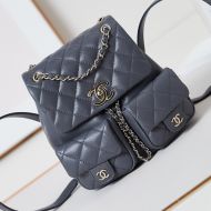 Chanel AS3860 Backpack with Logo Pockets in Grained Calfskin Grey