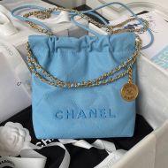 Chanel AS3980 Mini 22 Hobo Bag with Chanel Letters in Grained Calfskin Blue