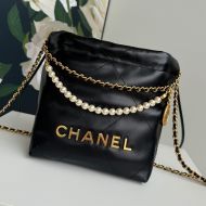 Chanel AS3980 Mini 22 Hobo Bag with Pearls Chain in Shiny Calfskin Black