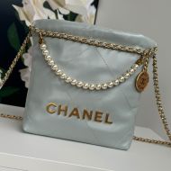 Chanel AS3980 Mini 22 Hobo Bag with Pearls Chain in Shiny Calfskin Light Grey