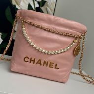 Chanel AS3980 Mini 22 Hobo Bag with Pearls Chain in Shiny Calfskin Pink