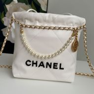 Chanel AS3980 Mini 22 Hobo Bag with Pearls Chain in Shiny Calfskin White/Black