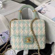 Chanel AS4035 Flap Crossbody Bag with Leather Handle in Tweed Green