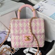 Chanel AS4035 Flap Crossbody Bag with Leather Handle in Tweed Pink