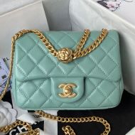 Chanel AS4040 Small Flap Handbag with Camellia Flower Adjustment Buckle in Lambskin Green