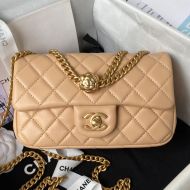 Chanel AS4041 Medium Flap Handbag with Camellia Flower Adjustment Buckle in Lambskin Apricot