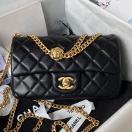 Chanel AS4041 Medium Flap Handbag with Camellia Flower Adjustment Buckle in Lambskin Black