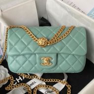 Chanel AS4041 Medium Flap Handbag with Camellia Flower Adjustment Buckle in Lambskin Green