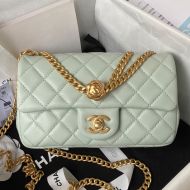 Chanel AS4041 Medium Flap Handbag with Camellia Flower Adjustment Buckle in Lambskin Light Blue