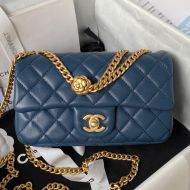 Chanel AS4041 Medium Flap Handbag with Camellia Flower Adjustment Buckle in Lambskin Navy Blue