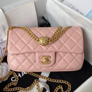 Chanel AS4041 Medium Flap Handbag with Camellia Flower Adjustment Buckle in Lambskin Pink