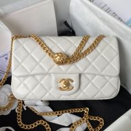 Chanel AS4041 Medium Flap Handbag with Camellia Flower Adjustment Buckle in Lambskin White