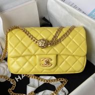 Chanel AS4041 Medium Flap Handbag with Camellia Flower Adjustment Buckle in Lambskin Yellow