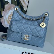 Chanel AS4322 Medium Hobo Crossbody Bag with Logo Pocket in Shiny Calfskin Light Blue