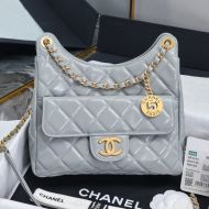 Chanel AS4322 Medium Hobo Crossbody Bag with Logo Pocket in Shiny Lambskin Light Blue
