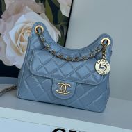 Chanel AS4323 Small Hobo Crossbody Bag with Logo Pocket in Shiny Calfskin Light Blue