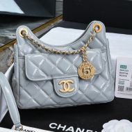 Chanel AS4323 Small Hobo Crossbody Bag with Logo Pocket in Shiny Lambskin Light Blue