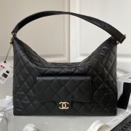 Chanel AS4339 Hobo Bag with Logo Flap Pocket in Calfskin Black