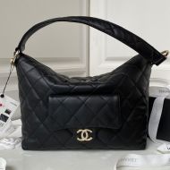 Chanel AS4347 Hobo Bag with Logo Flap Pocket in Calfskin Black