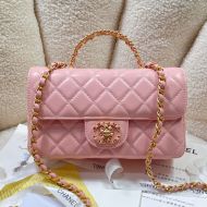 Chanel AS4362 Mini Classic Flap Bag with Strass Letter Handle in Lambskin Pink
