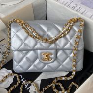Chanel AS4384 Crossbody Bag with Pearls Chain in Lambskin Silver