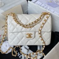 Chanel AS4384 Crossbody Bag with Pearls Chain in Lambskin White