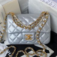 Chanel AS4385 Crossbody Bag with Pearls Chain in Lambskin Silver