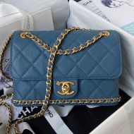 Chanel AS4431 Flap Shoulder Bag with CC Camellia Logo in Grained Calfskin Blue