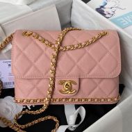 Chanel AS4431 Flap Shoulder Bag with CC Camellia Logo in Grained Calfskin Pink
