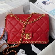 Chanel AS4431 Flap Shoulder Bag with CC Camellia Logo in Grained Calfskin Red