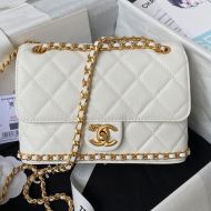 Chanel AS4431 Flap Shoulder Bag with CC Camellia Logo in Grained Calfskin White