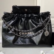 Chanel AS4486 Large 22 Hobo Bag with Chanel Letters in Shiny Calfskin Black/Silver