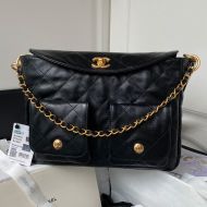 Chanel AS4668 Hobo Messenger Bag with Two Pockets in Calfskin Black