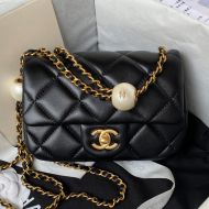 Chanel AS4868 Classic Flap Bag with Pearl Balls Chain in Lambskin Black
