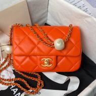 Chanel AS4868 Classic Flap Bag with Pearl Balls Chain in Lambskin Orange